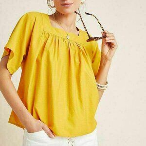 Frye x Anthropologie Marin Yellow Blouse Top Kimono Sleeve Cotton XXS New 273401